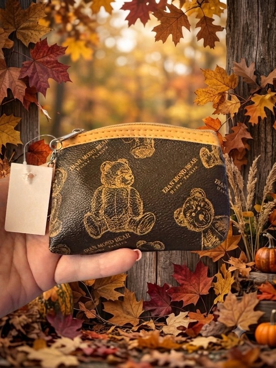 Handbags - Teddy Print Mini Zip Pouch with Keychain in Brown & Tan NWT